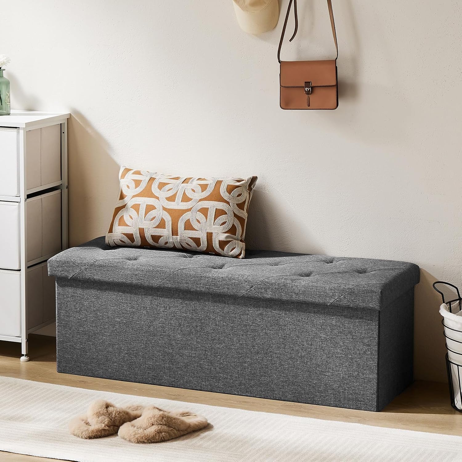 DUMOS 43-inch folding storage ottoman bench in gray linen-style fabric