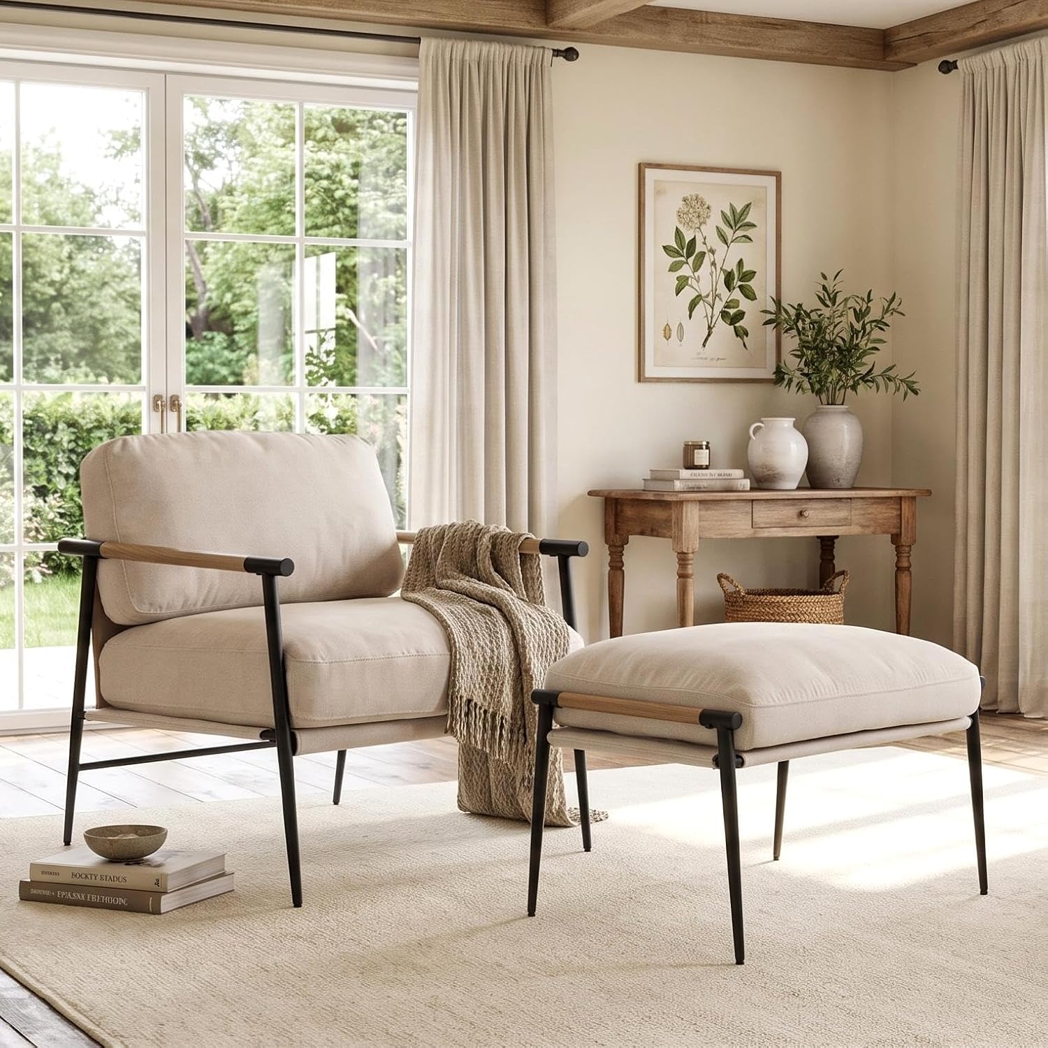 DUOMAY beige chenille accent chair with matching ottoman, black metal legs and wood arm detail in a bright living room