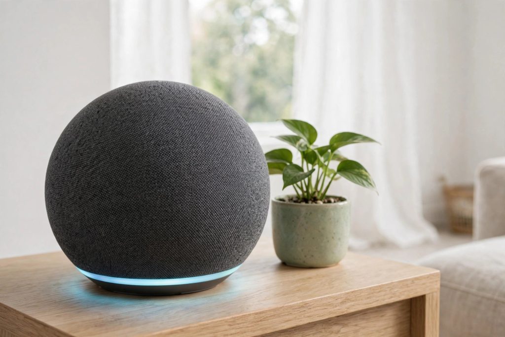 Charcoal Echo Dot 5th generation smart speaker with Alexa on a wooden side table in a bright living room