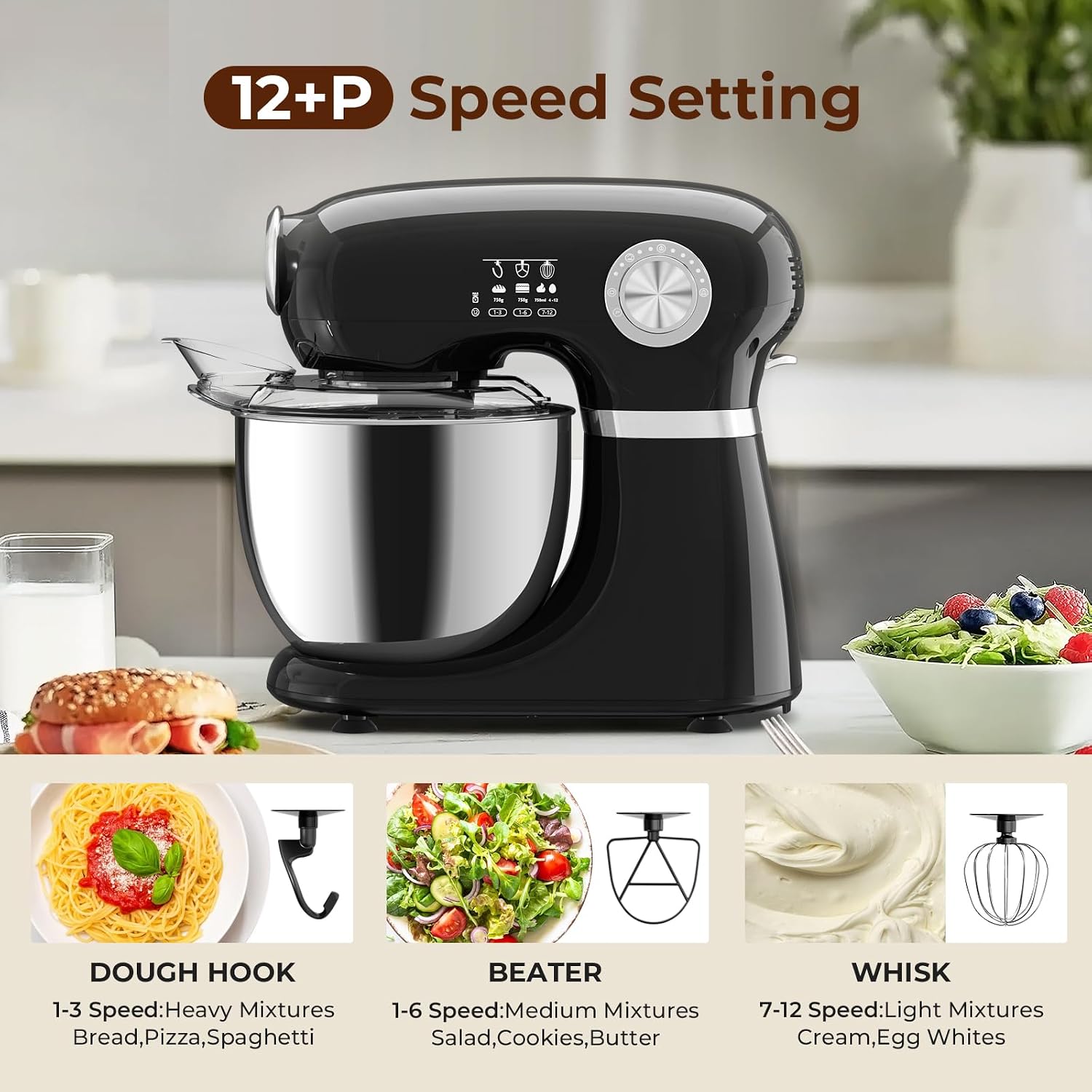 Electactic stand mixer tilt-head design with mixing bowl