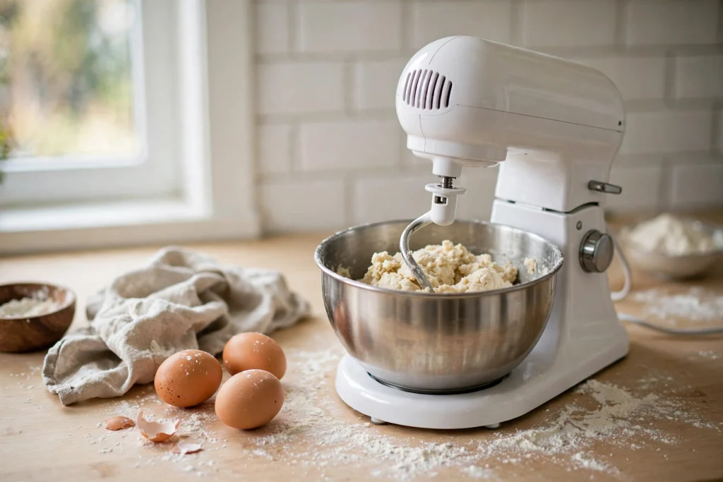 White electric stand mixer kneading dough in a stainless steel bowl on a home kitchen counter