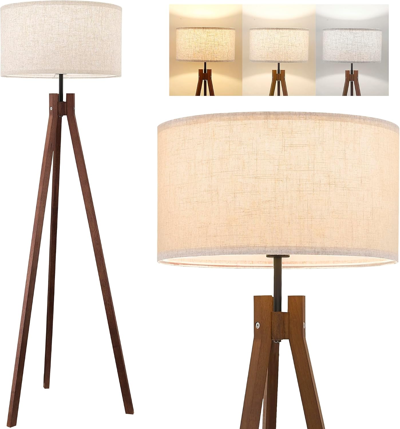ELYONA wood tripod floor lamp real product photo, linen shade