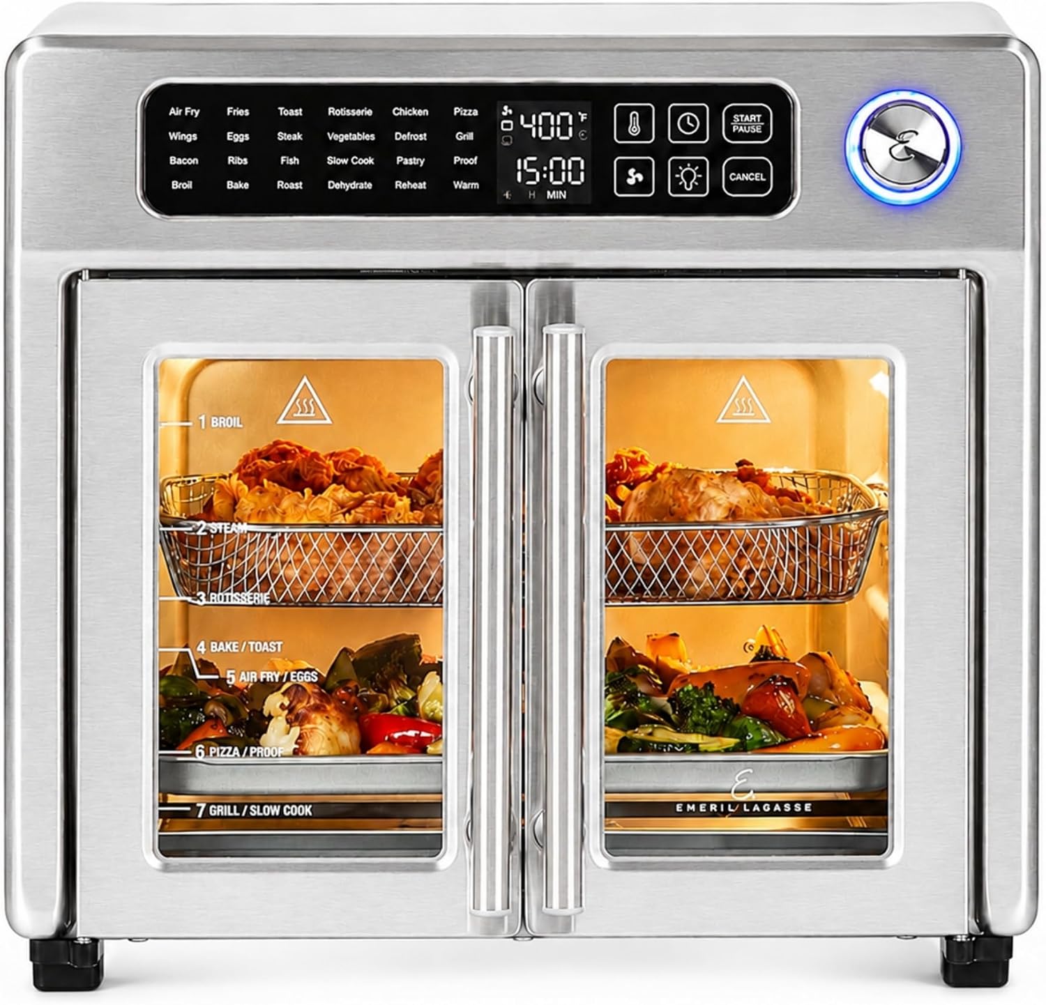 Emeril Lagasse French door air fryer oven with both doors closed on a counter