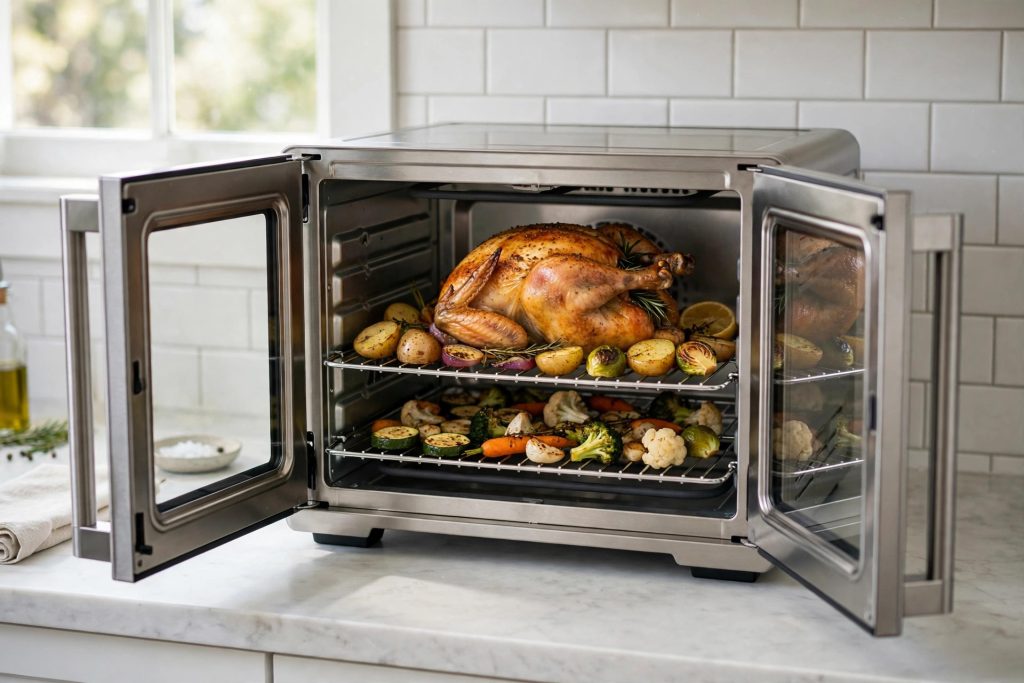 Emeril Lagasse XL French Door air fryer toaster oven with roasted chicken and vegetables on the racks