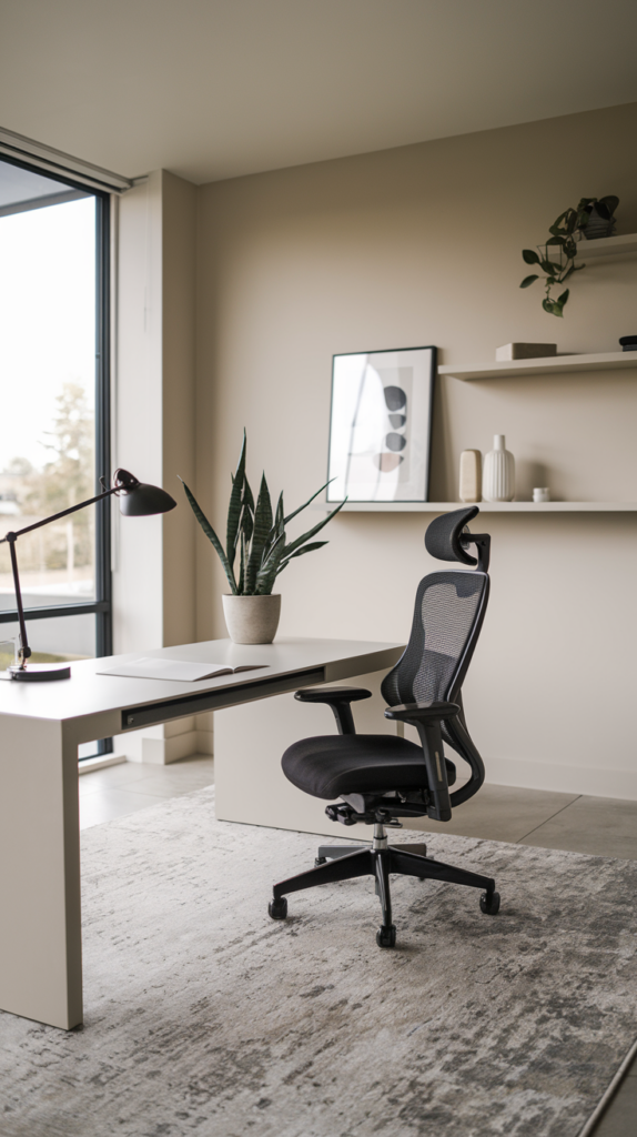 Ergonomic office chair with lumbar support at a desk setup