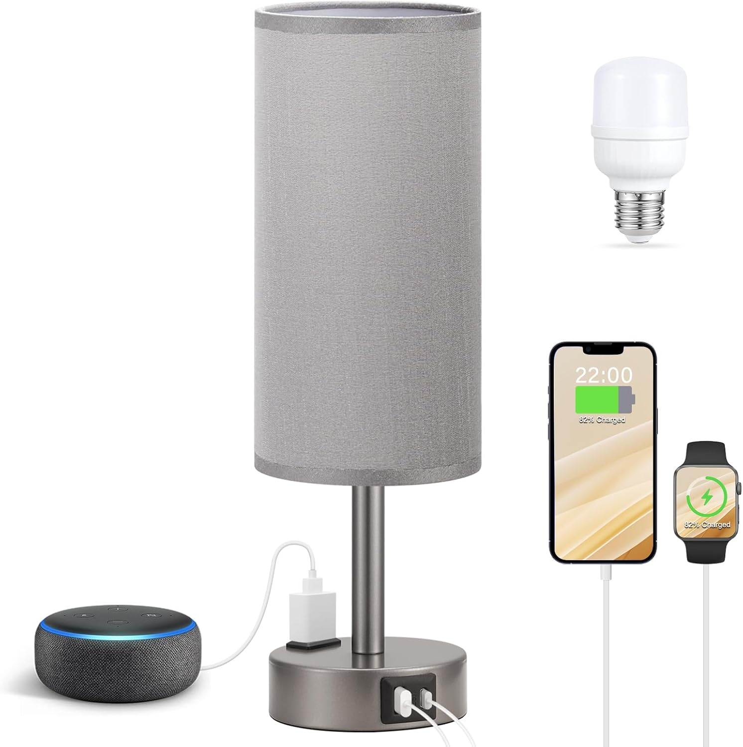Fenmzee grey touch bedside table lamp with USB charging ports and AC outlet in the base