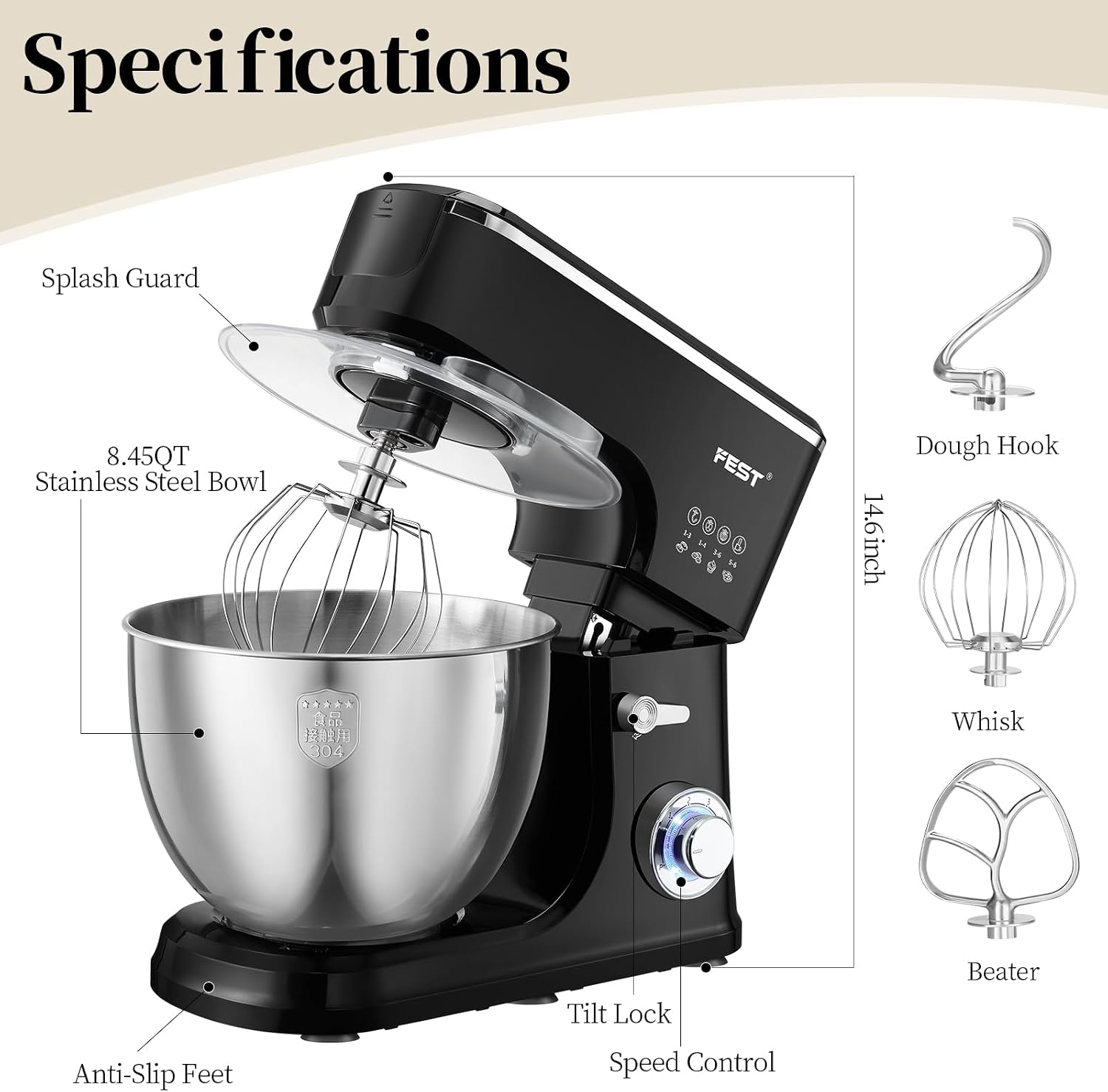 Close-up of FEST stand mixer bowl and dough hook attachment