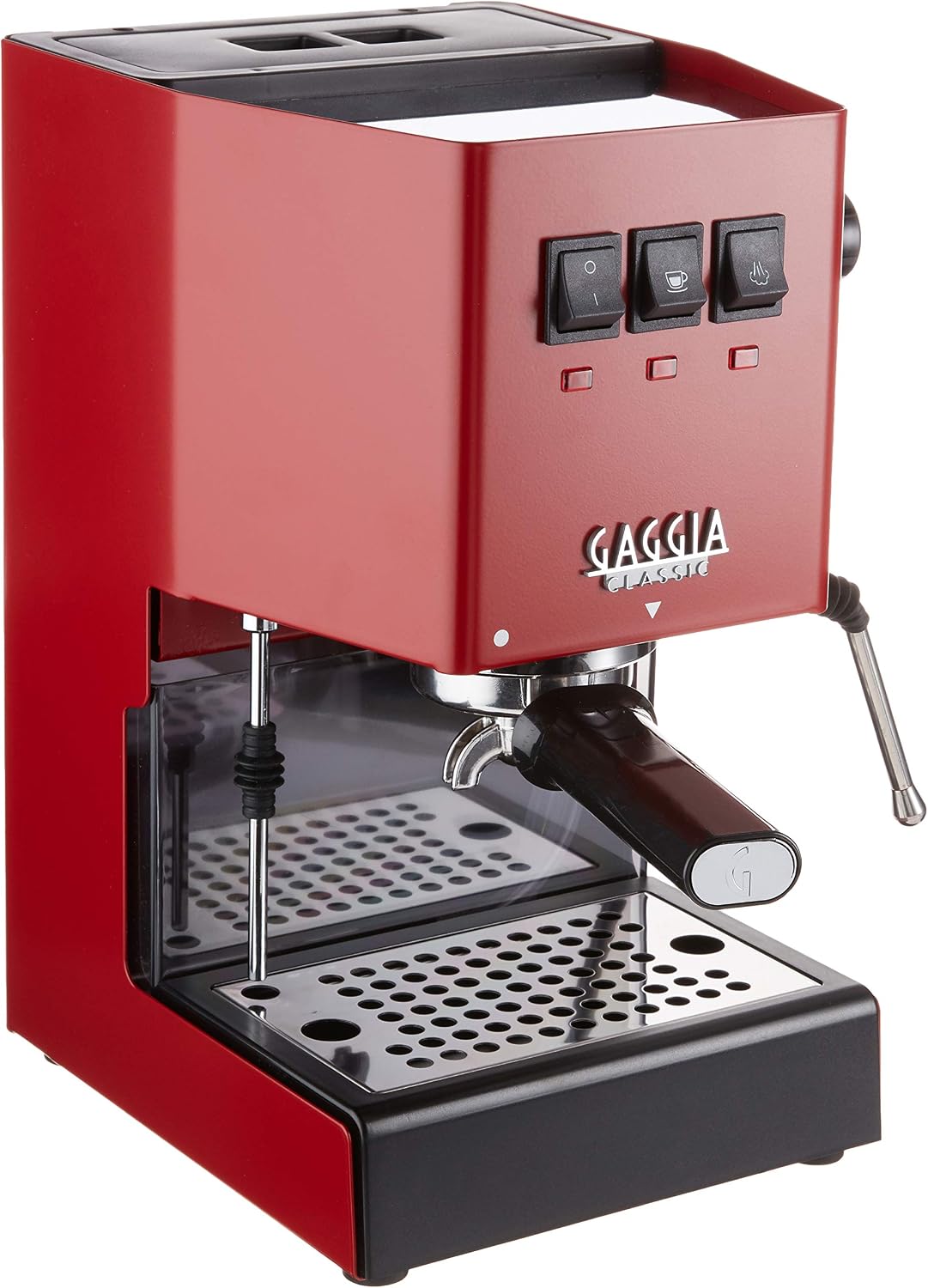 Gaggia Classic Pro espresso machine in cherry red, front view