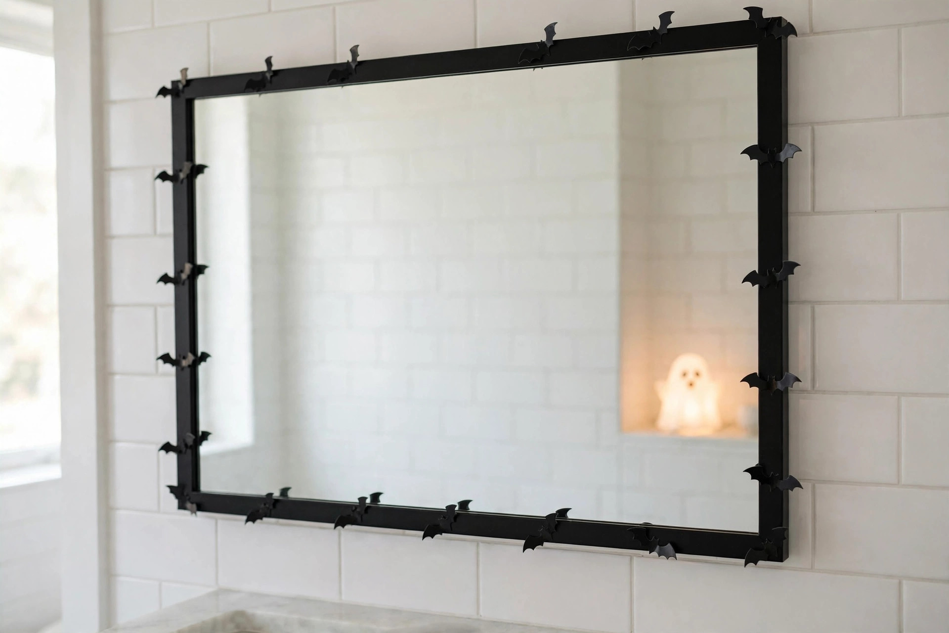 Bathroom mirror with bat decals only on the frame and the center left clear for halloween bathroom decor