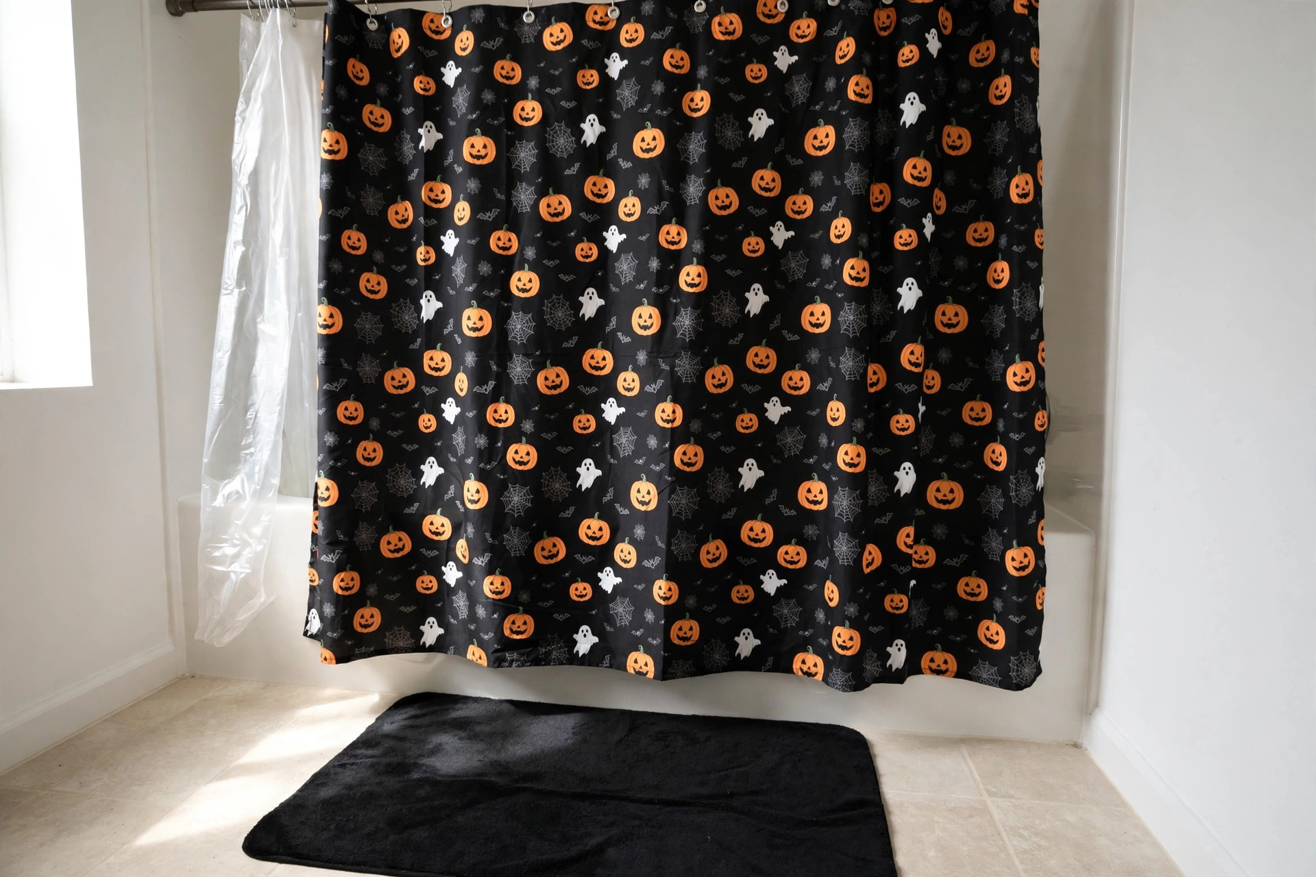 Halloween shower curtain with a separate waterproof liner and a flat black bath mat for halloween bathroom decor