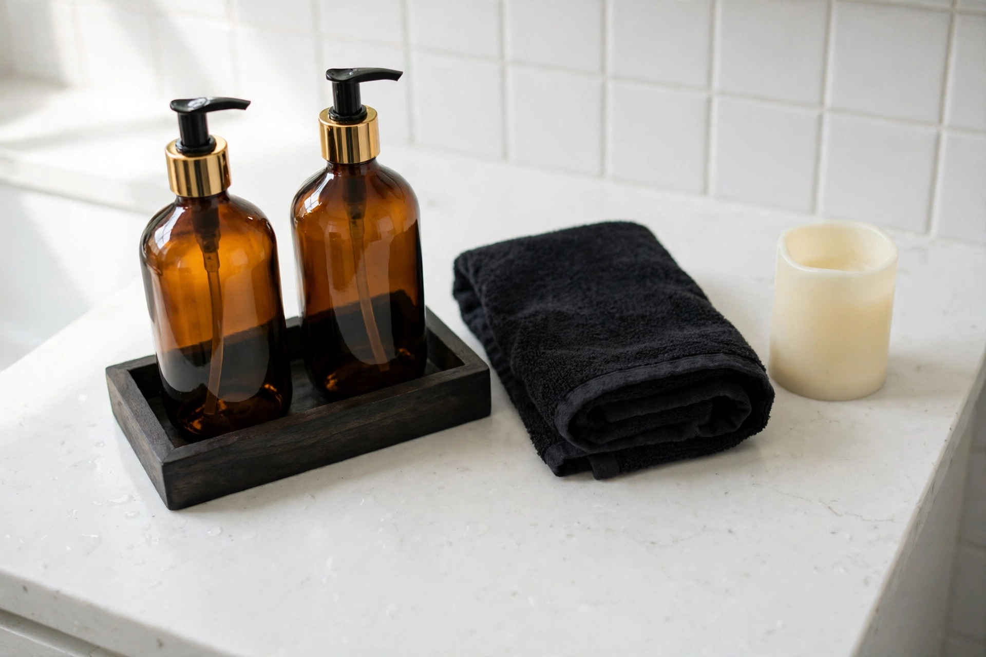 Vanity tray with amber pump bottles and a folded black towel as halloween bathroom decor that keeps the counter clear