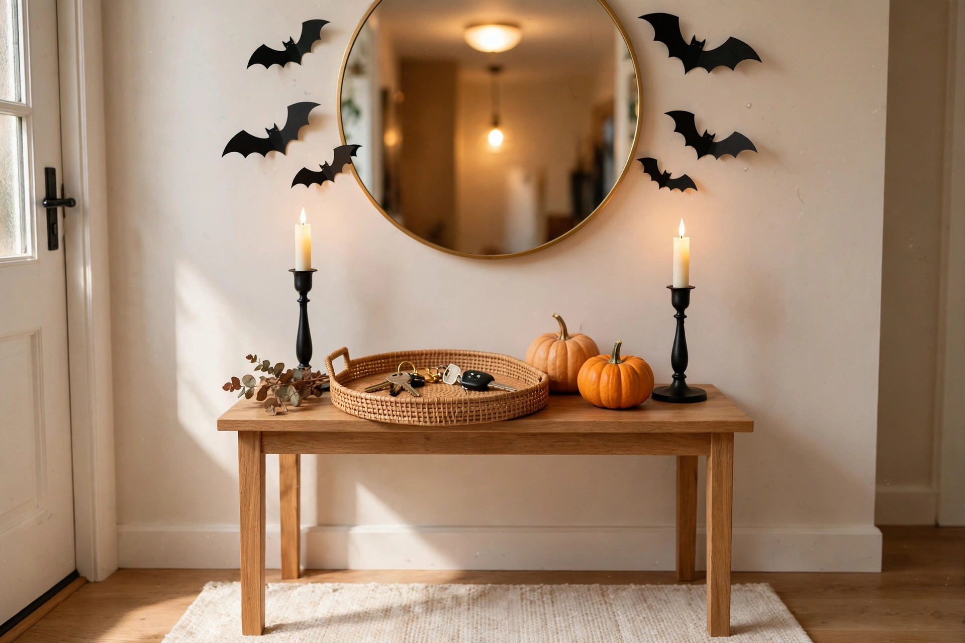 Halloween entryway console table with key tray, pumpkins and candles for halloween entryway decor