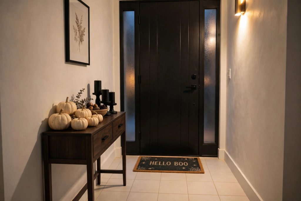 Halloween entryway decor in a narrow foyer with console table, ivory pumpkins and a low-profile doormat
