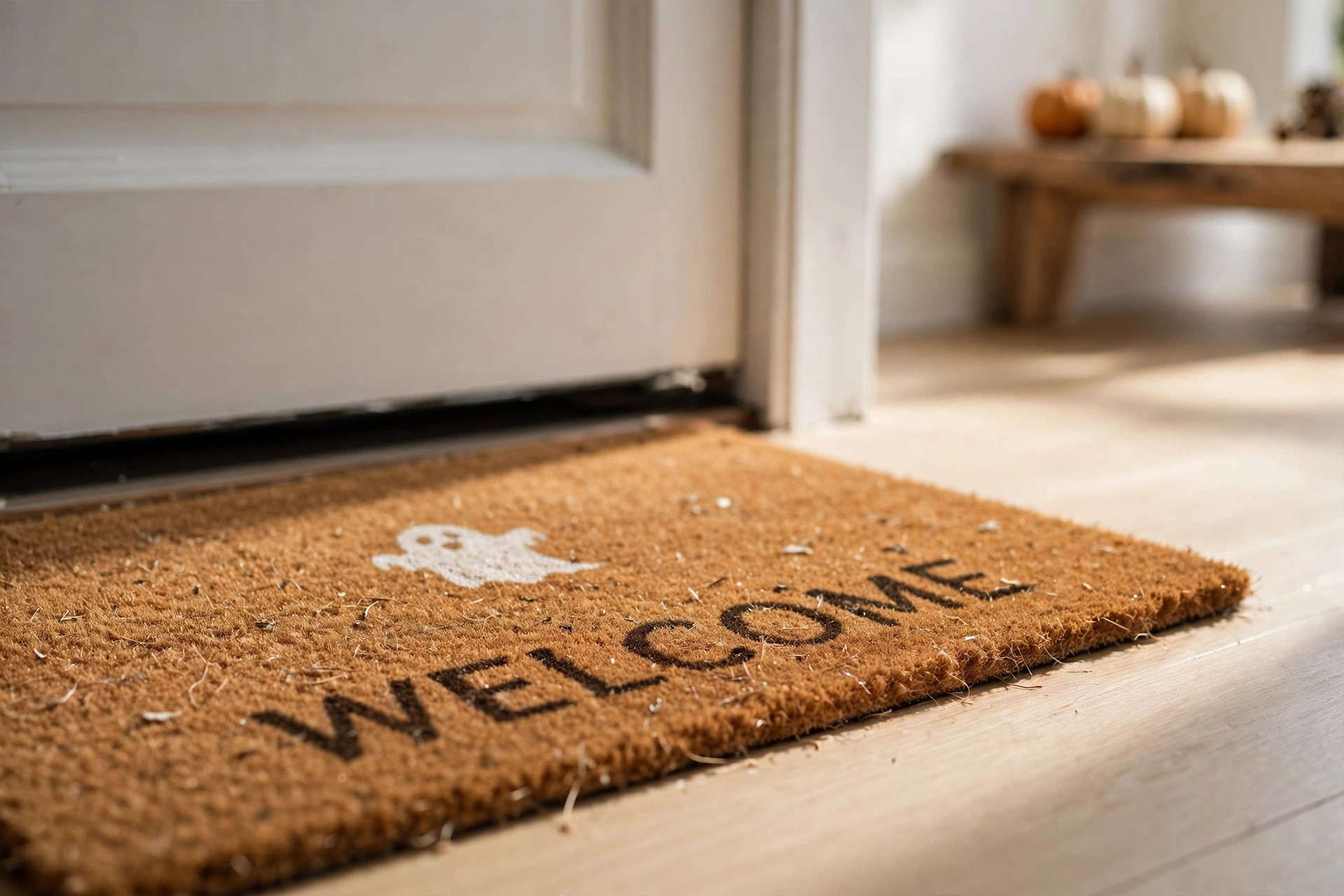 Halloween entryway doormat in coir showing door clearance for halloween entryway decor