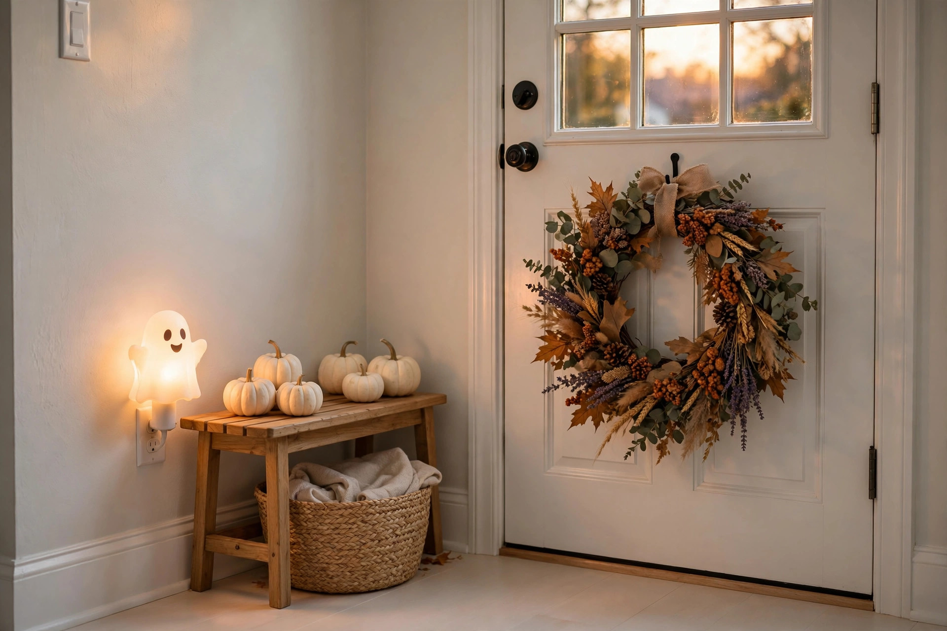 Halloween entryway wreath on front door with bench and ghost night light for halloween entryway decor