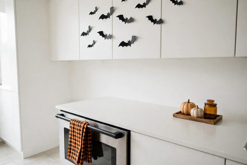 Halloween kitchen decor with bat decals on white cabinets, one tray with pumpkins on the corner and a clear counter