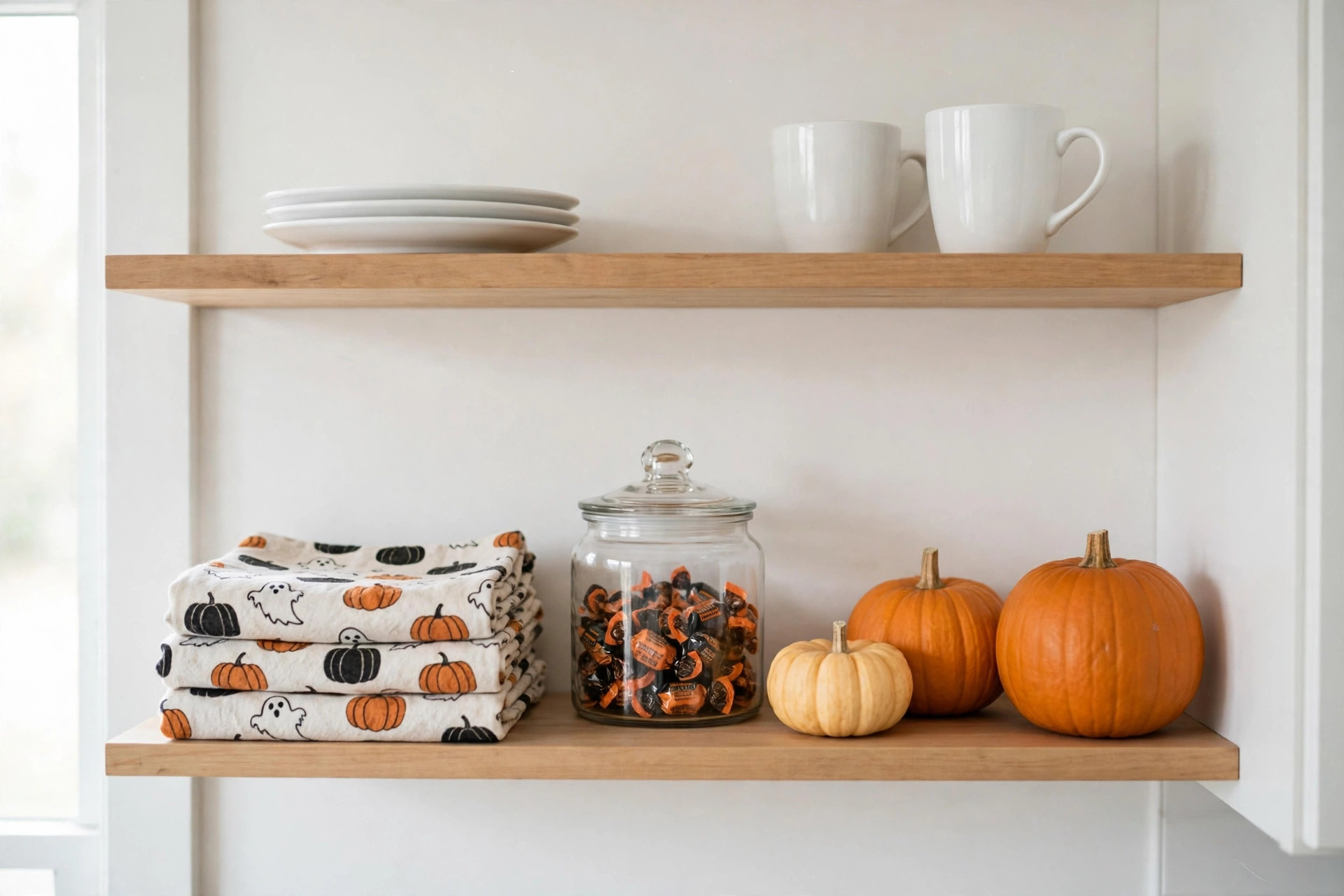 Open shelf with folded Halloween dish towels, a candy jar and three small pumpkins for halloween kitchen decor