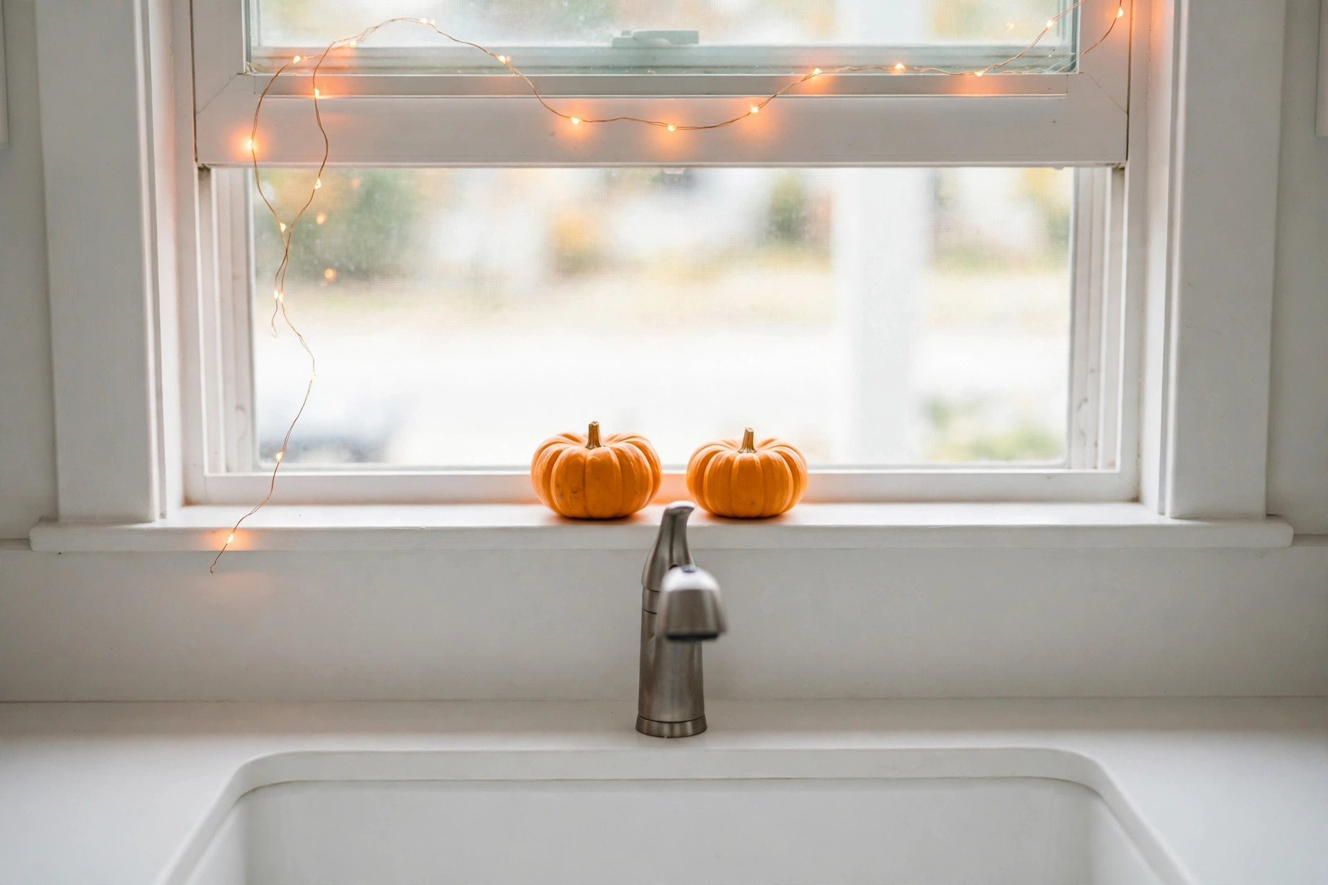 Halloween kitchen decor on a window sill with battery fairy lights and two small pumpkins above a clear sink counter