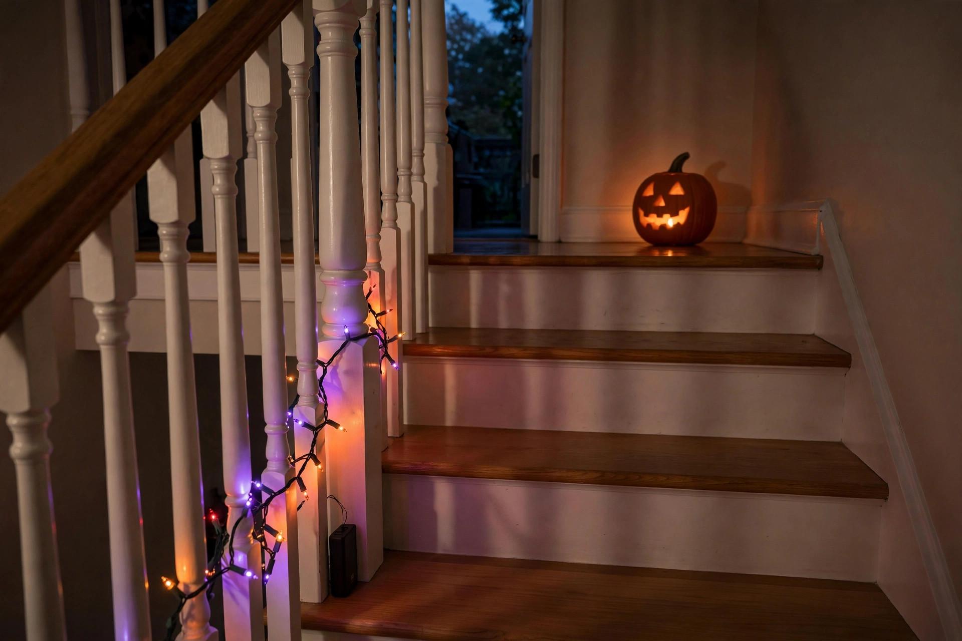 Battery fairy lights woven low along staircase balusters at dusk for halloween staircase decorations