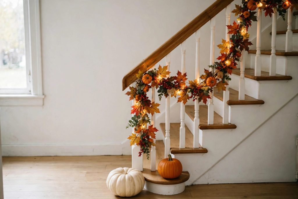 Halloween staircase decorations with a fall garland swagged along the balusters, pumpkins on the bottom step and the wooden handrail left clear
