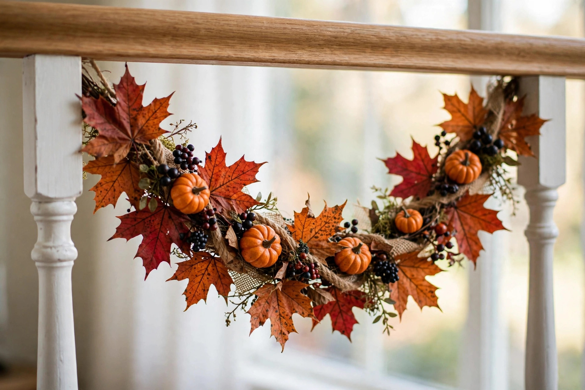 Halloween staircase garland swagged between balusters with the handrail left clear for halloween staircase decorations