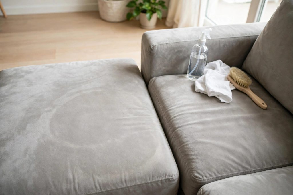 How to clean a microfiber couch: a gray microfiber cushion with a water ring, a spray bottle, white cloth and soft brush on the seat
