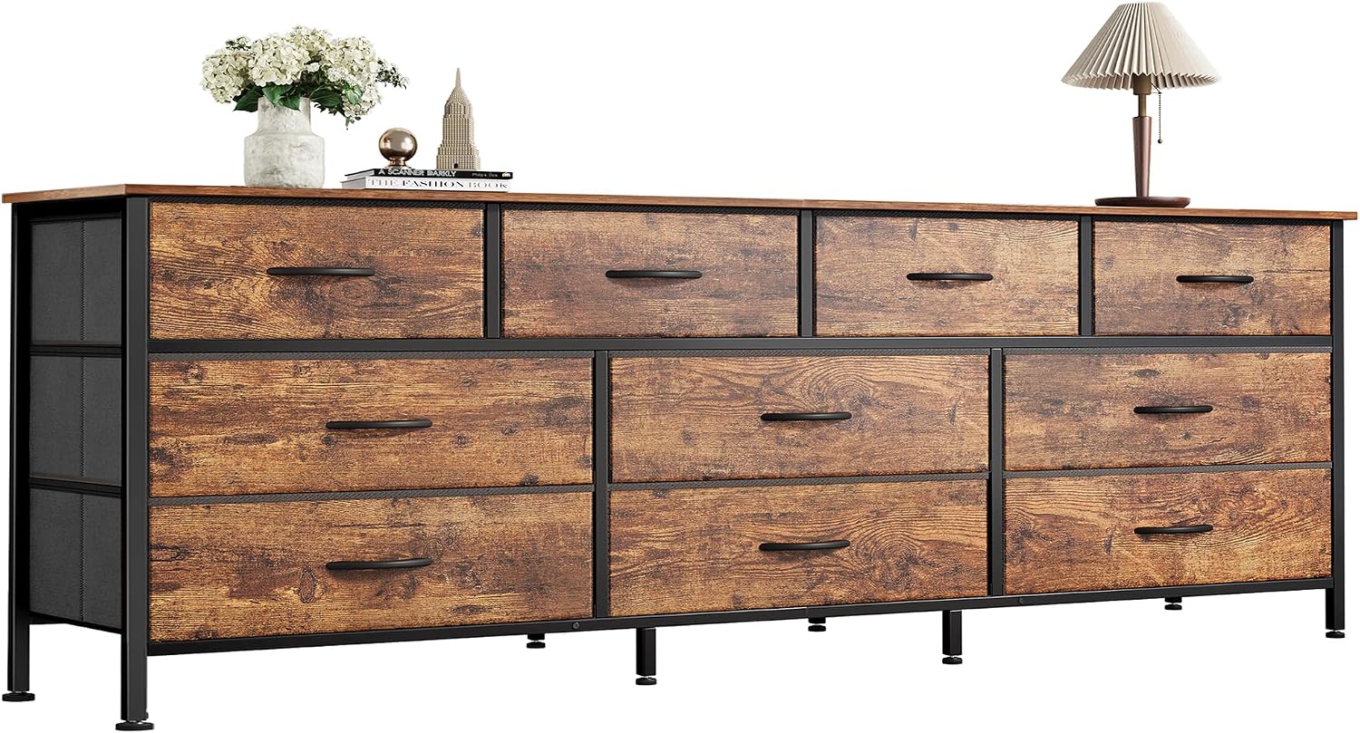 Huuger 63 inch long fabric dresser in rustic brown with 10 drawers and a wood top used as a TV stand