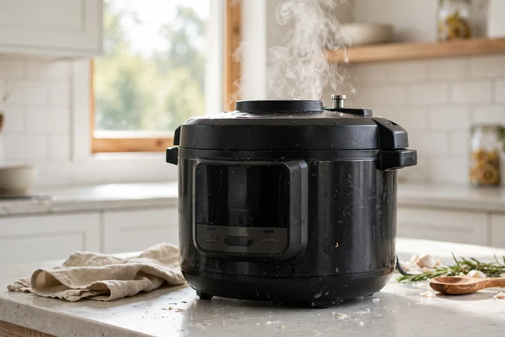 Instant Pot Pro electric multicooker pressure cooker releasing steam on a bright kitchen counter