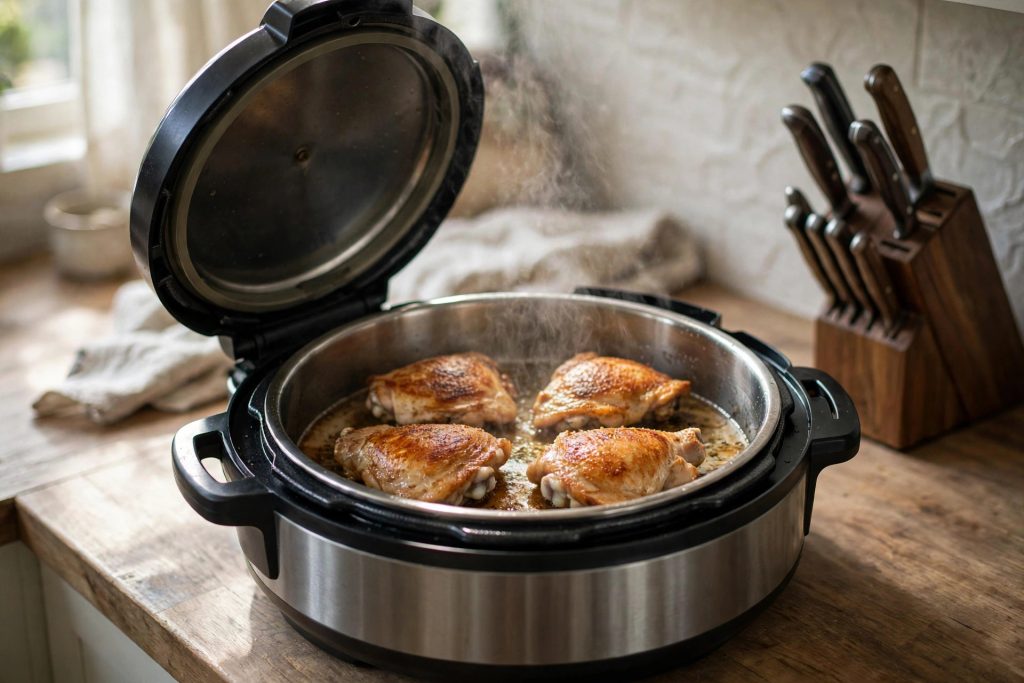 Instant Pot RIO Wide Plus wide pressure cooker searing chicken thighs in a single layer