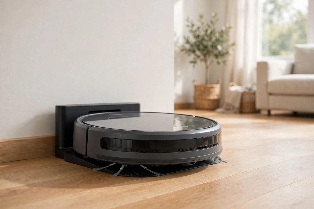 iRobot Roomba 694 robot vacuum in charcoal grey docked at its home base charging station on a light hardwood floor
