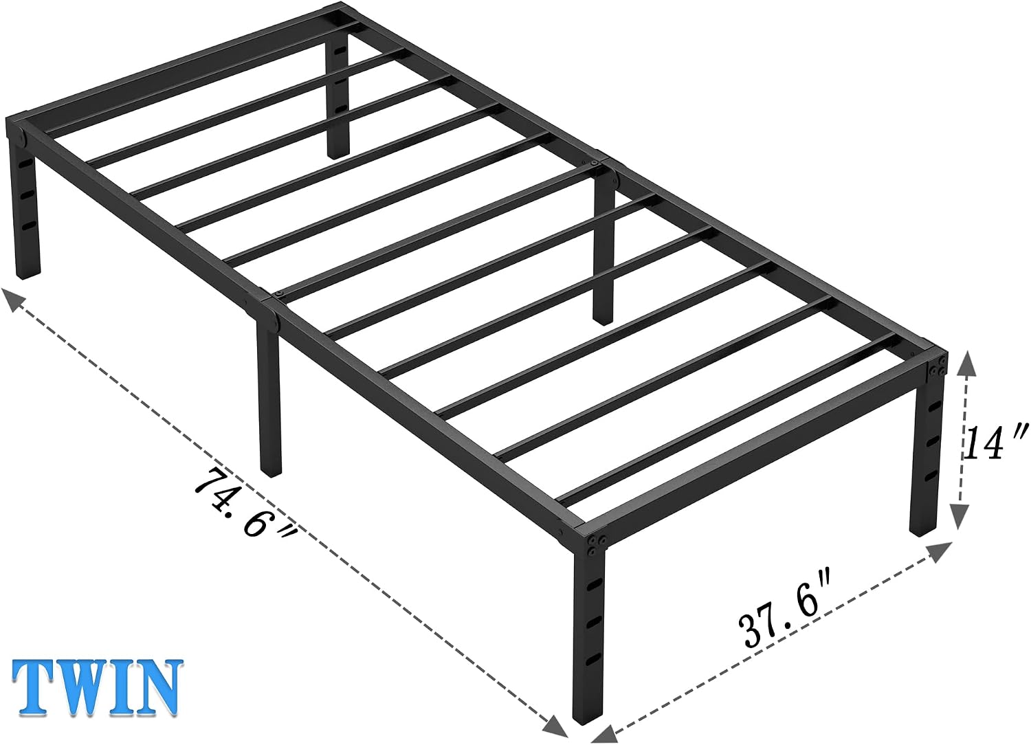 JETO twin metal bed frame slat and leg detail view