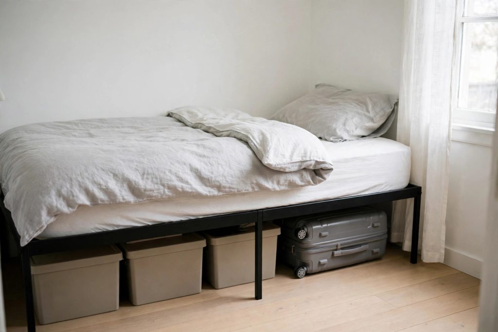 JETO twin metal platform bed frame with tall under-bed clearance, storage boxes and a suitcase stored underneath in a bright bedroom