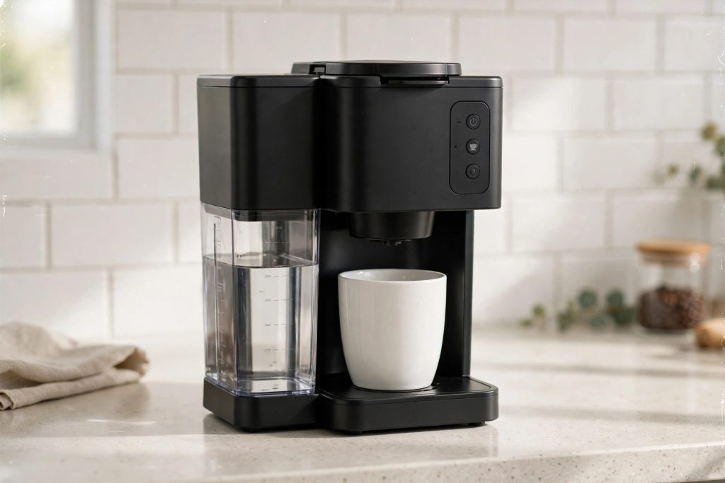 Black Keurig K-Express single-serve K-Cup coffee maker with 42oz removable water reservoir and strong brew button on a bright kitchen counter