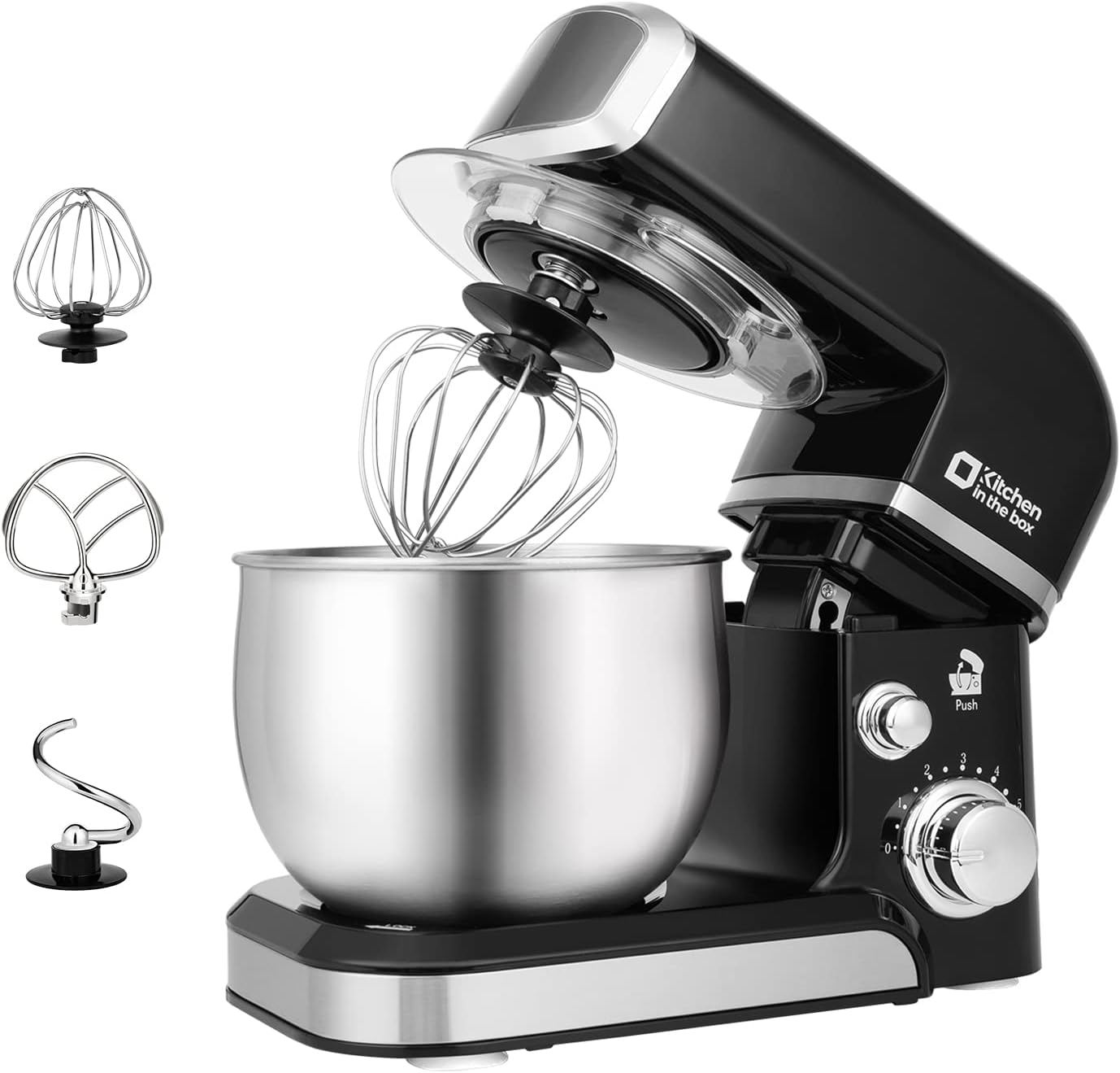 Kitchen in the box 3.2 quart stand mixer in black on a small counter