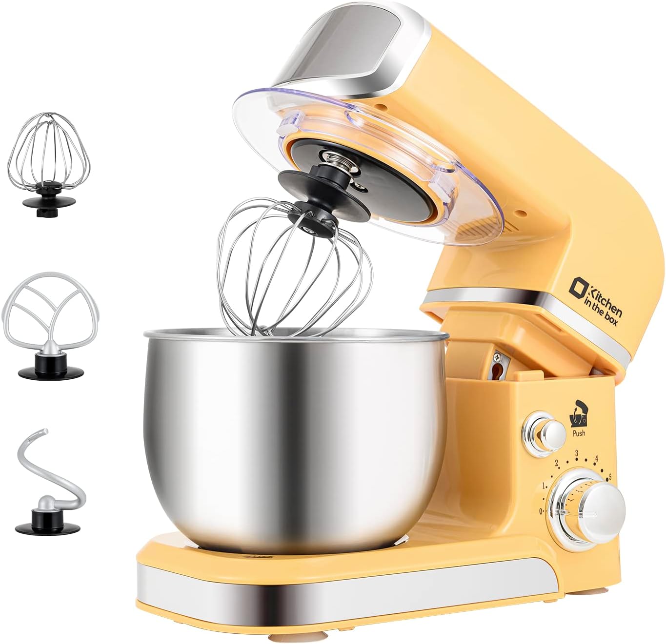 Kitchen in the box 3.2 quart stand mixer in yellow beside a mixing bowl