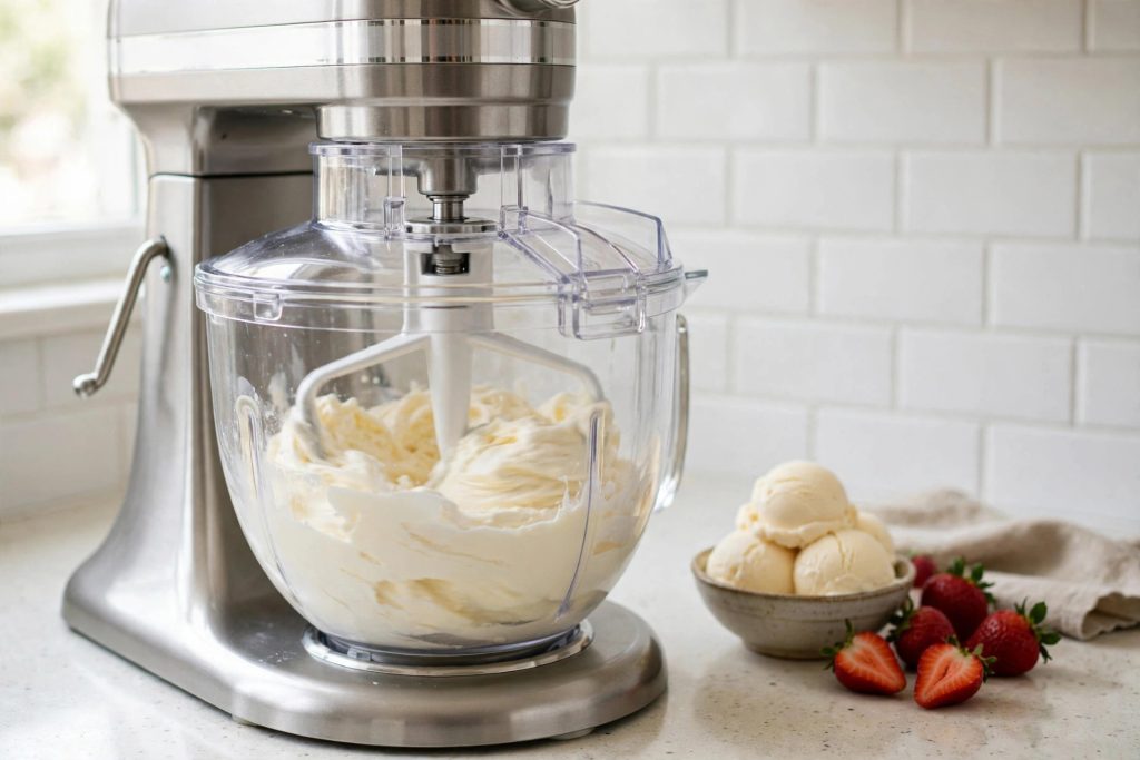 Stand mixer fitted with an ice cream maker attachment churning vanilla ice cream, with a bowl of scoops and fresh strawberries on a bright kitchen counter