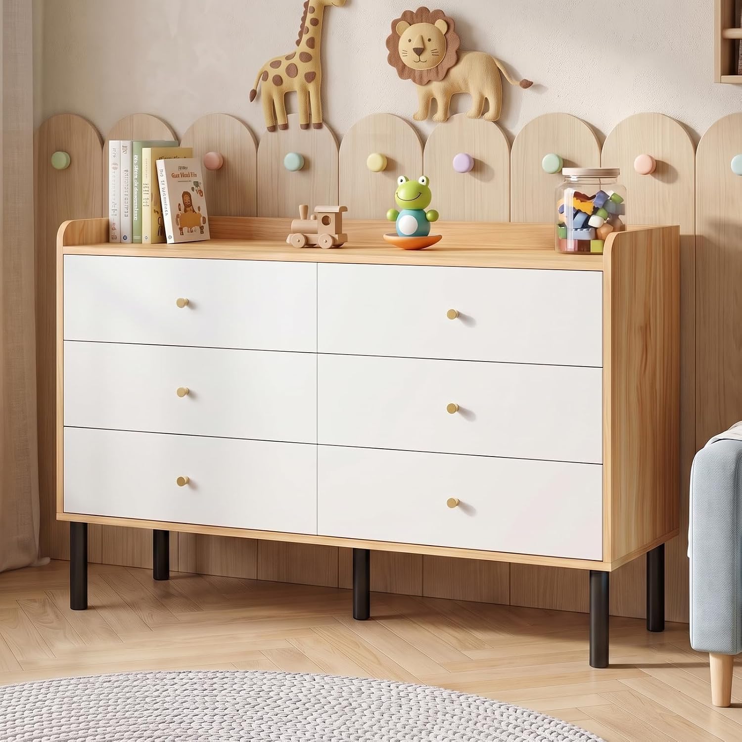 LYNSOM 6 drawer natural wood dresser with white drawer fronts and small round knobs in a bright room