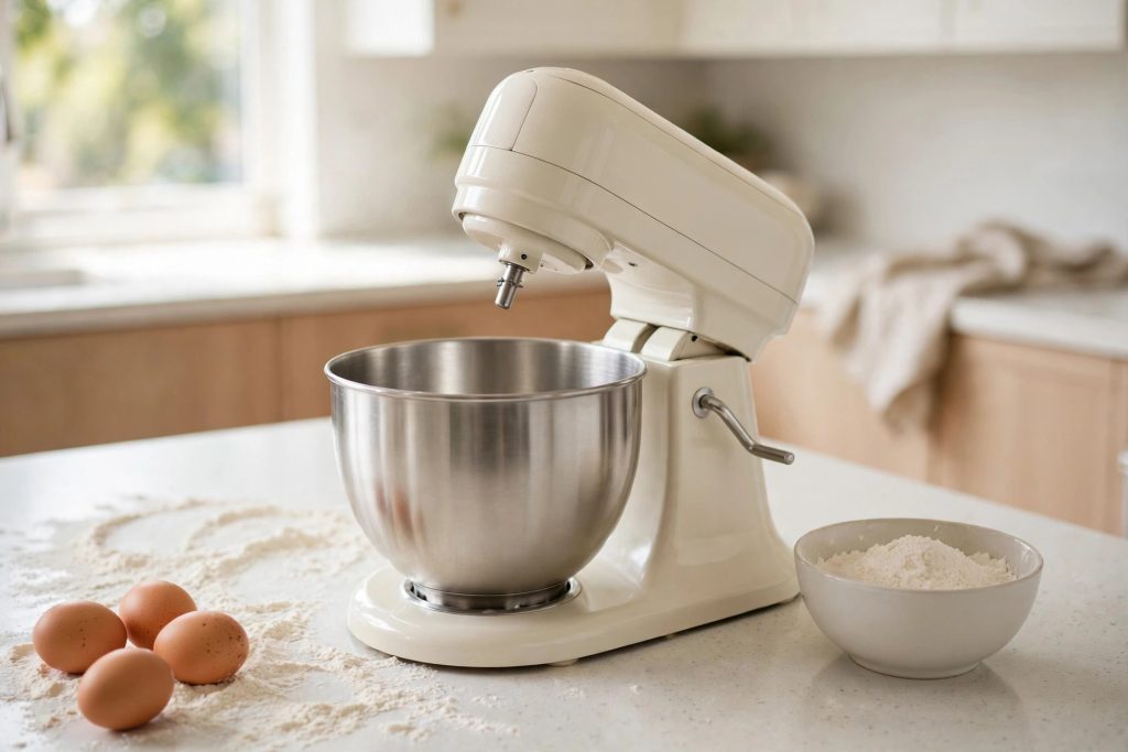 Cream 5.3 quart tilt-head stand mixer with stainless steel bowl, eggs and flour on a kitchen counter