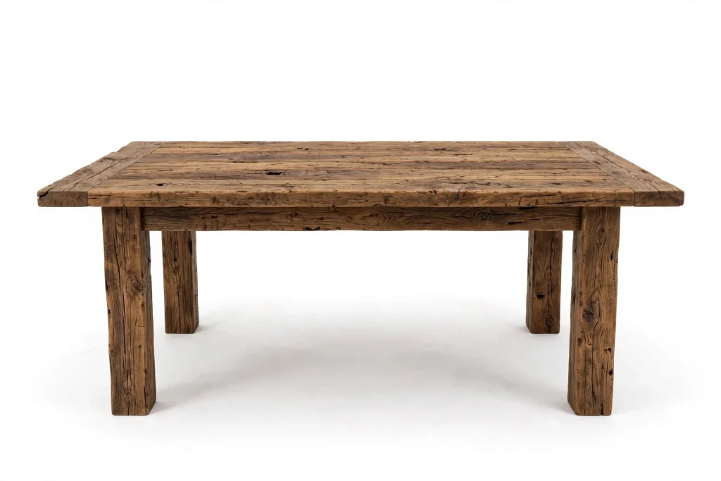Rustic solid wood dining table with visible wood grain on white background