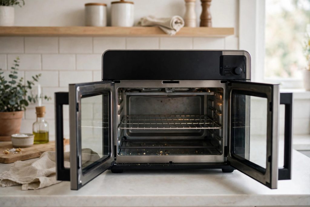 Midea Flexify Pro French door multifunction air fryer toaster oven open on a bright kitchen counter