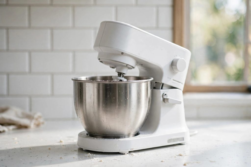 Mini stand mixer review: compact white tilt-head stand mixer with stainless steel bowl on a bright kitchen countertop