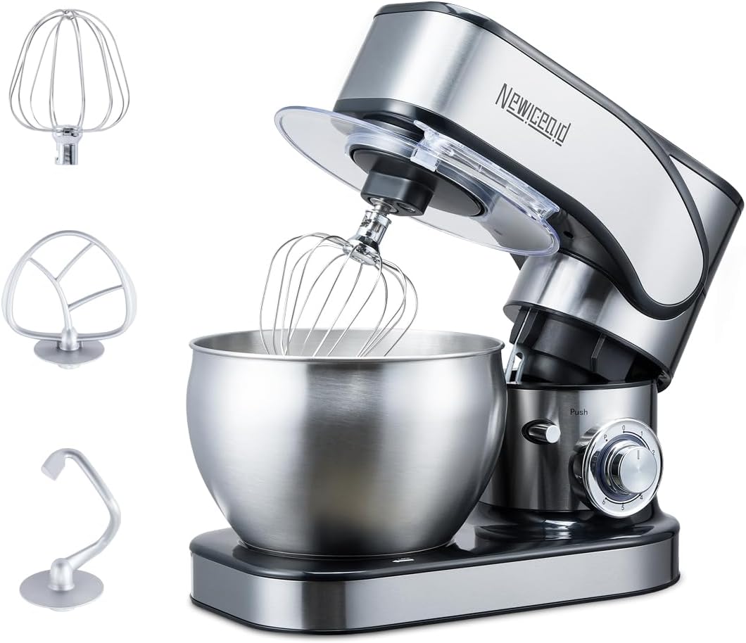 Newiceaid Stainless Steel 6-Speed 7.4QT Stand Mixer | 700W motor, 7.4QT bowl, tilt-head design. Dough hook, beater & whisk. For bread, cakes & dough: Home & Kitchen