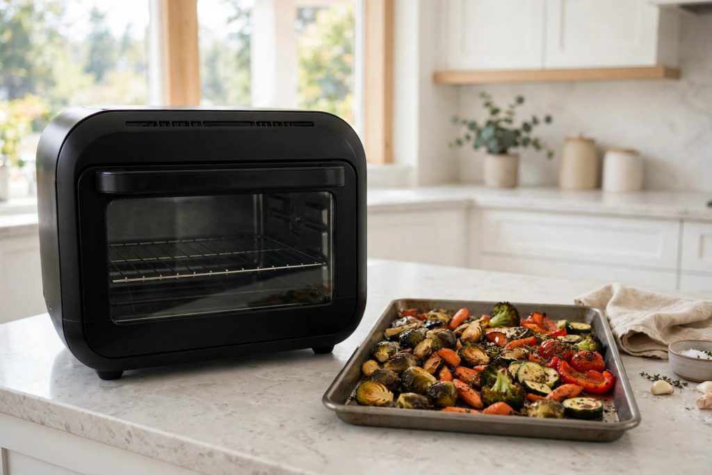Black air fryer toaster oven combo on a bright kitchen counter next to a tray of roasted vegetables, Ninja 8-in-1 air fryer toaster oven review