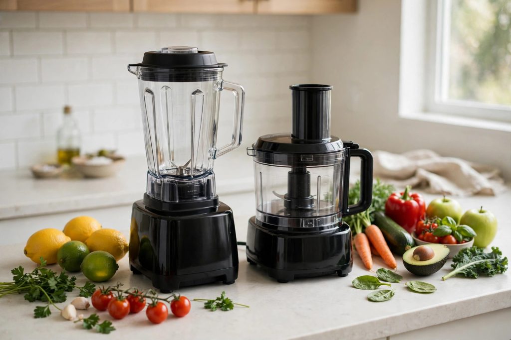 Ninja BL770 Mega Kitchen System 1500W blender and food processor on a bright kitchen counter with fresh vegetables