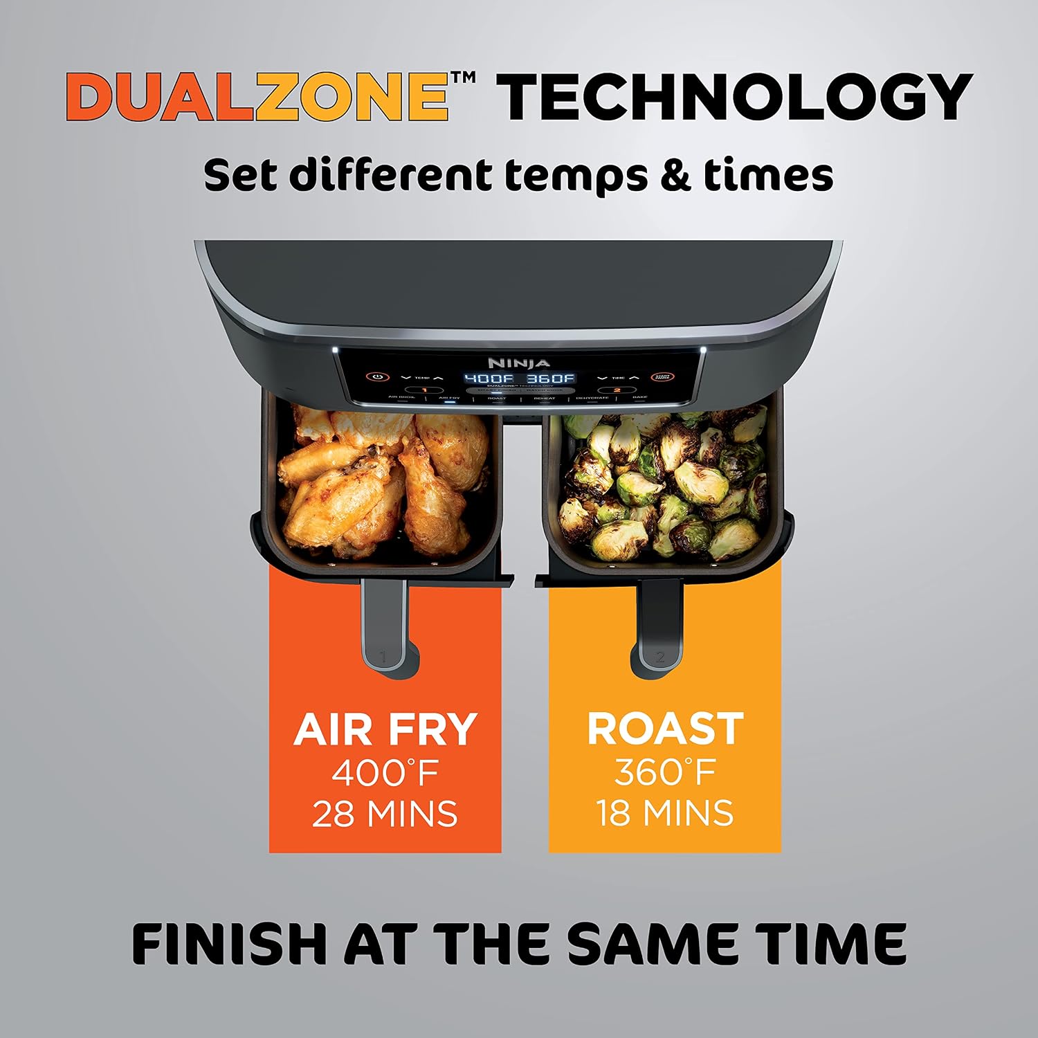 Ninja Foodi DZ201 DualZone 8 quart air fryer with 2 baskets front view