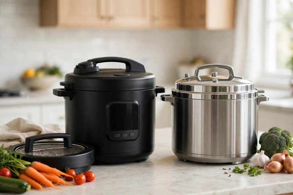 Ninja Foodi 9-in-1 pressure cooker with separate crisping lid next to a 9-in-1 electric pressure cooker on a bright kitchen counter with vegetables