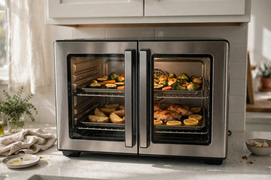 French door 10-in-1 air fryer oven with two cooking levels of vegetables chicken and potatoes on a kitchen counter under cabinets
