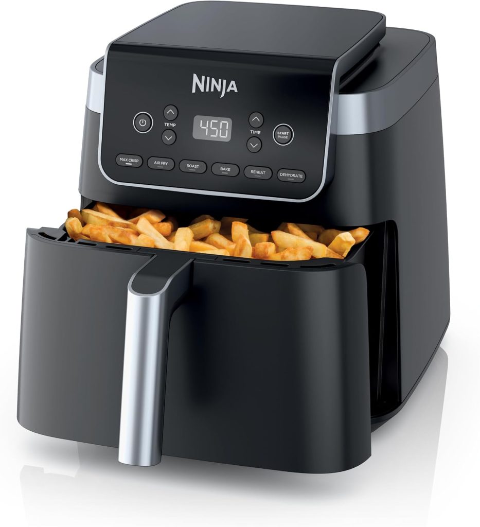 Ninja XL MaxCrisp 6.5 QT 6-in-1 air fryer with crispy French fries in the nonstick basket