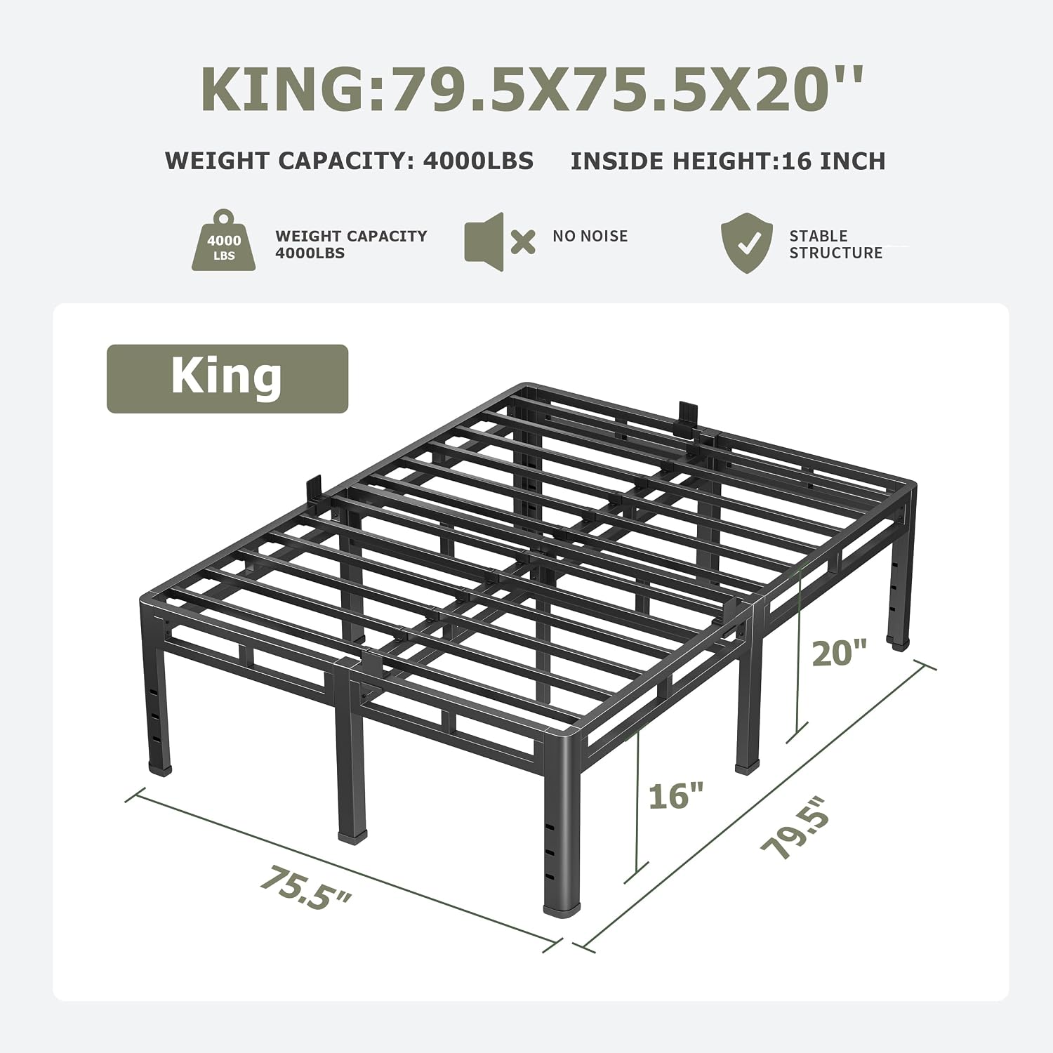 NKZ king metal platform bed frame slat and leg detail
