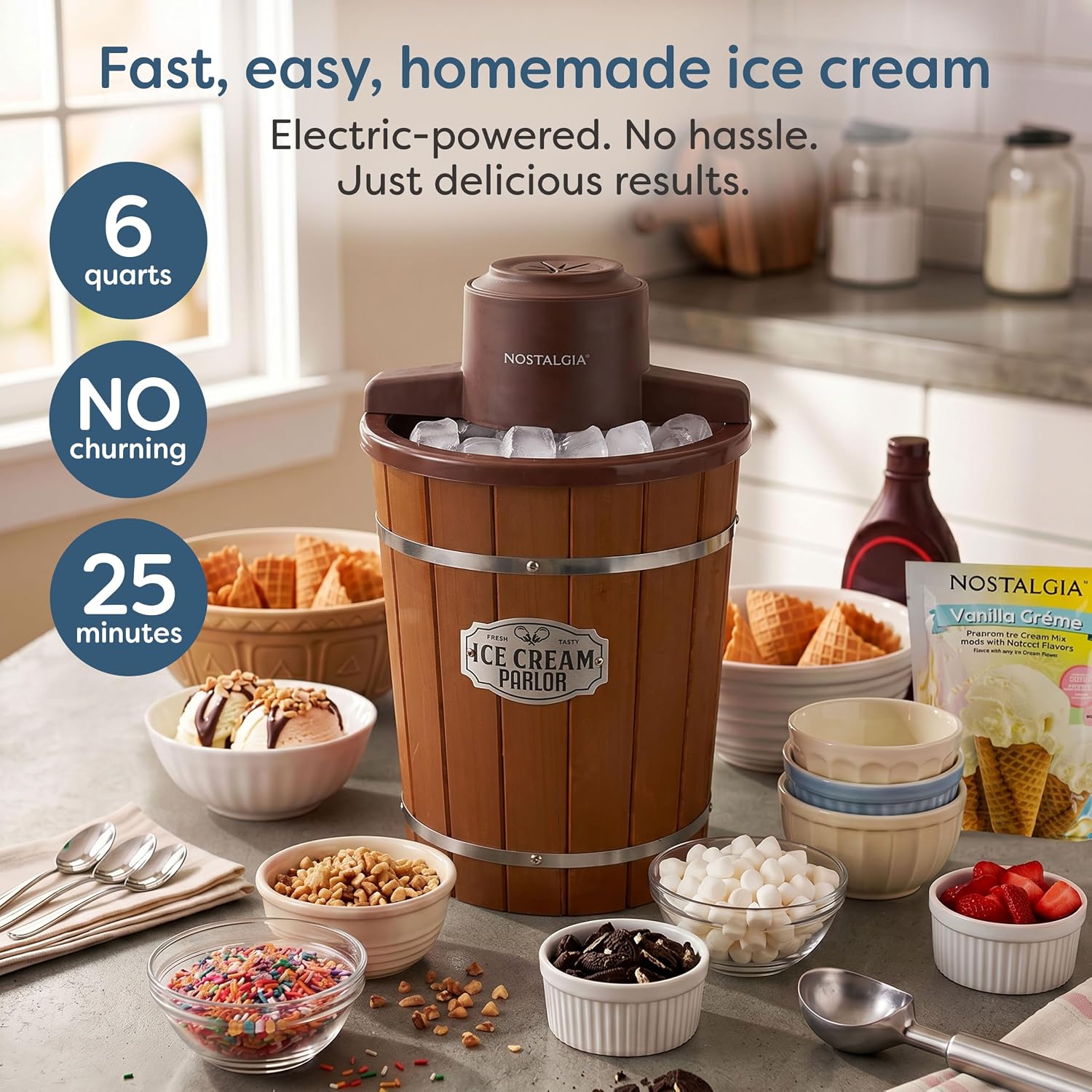 Nostalgia 6 quart electric ice cream maker wooden bucket side view
